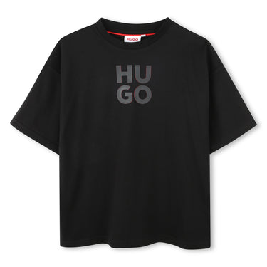 HUGO playera para niño y manga corta color negro, logo en relieve